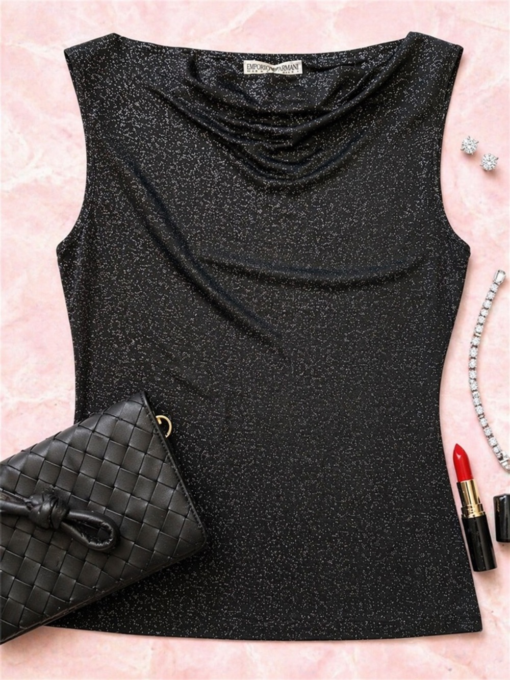Emporio Armani Black Metallic Shimmer Sleeveless Cowl Neck Top | Size S